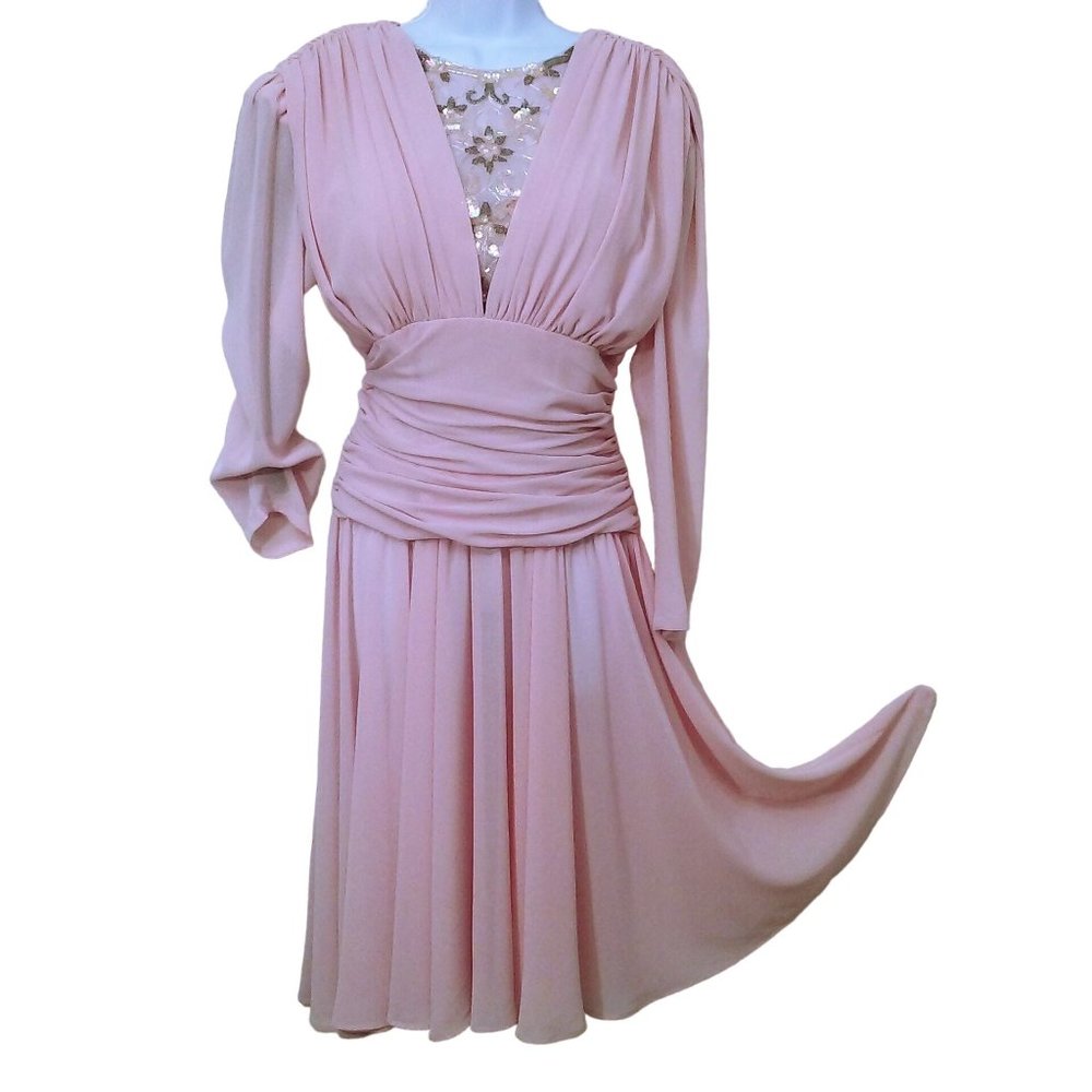 Vintage 90s Abby Kent Cocktail Dress -10 Ruched Crepe Embellished Fullskirt Pink
